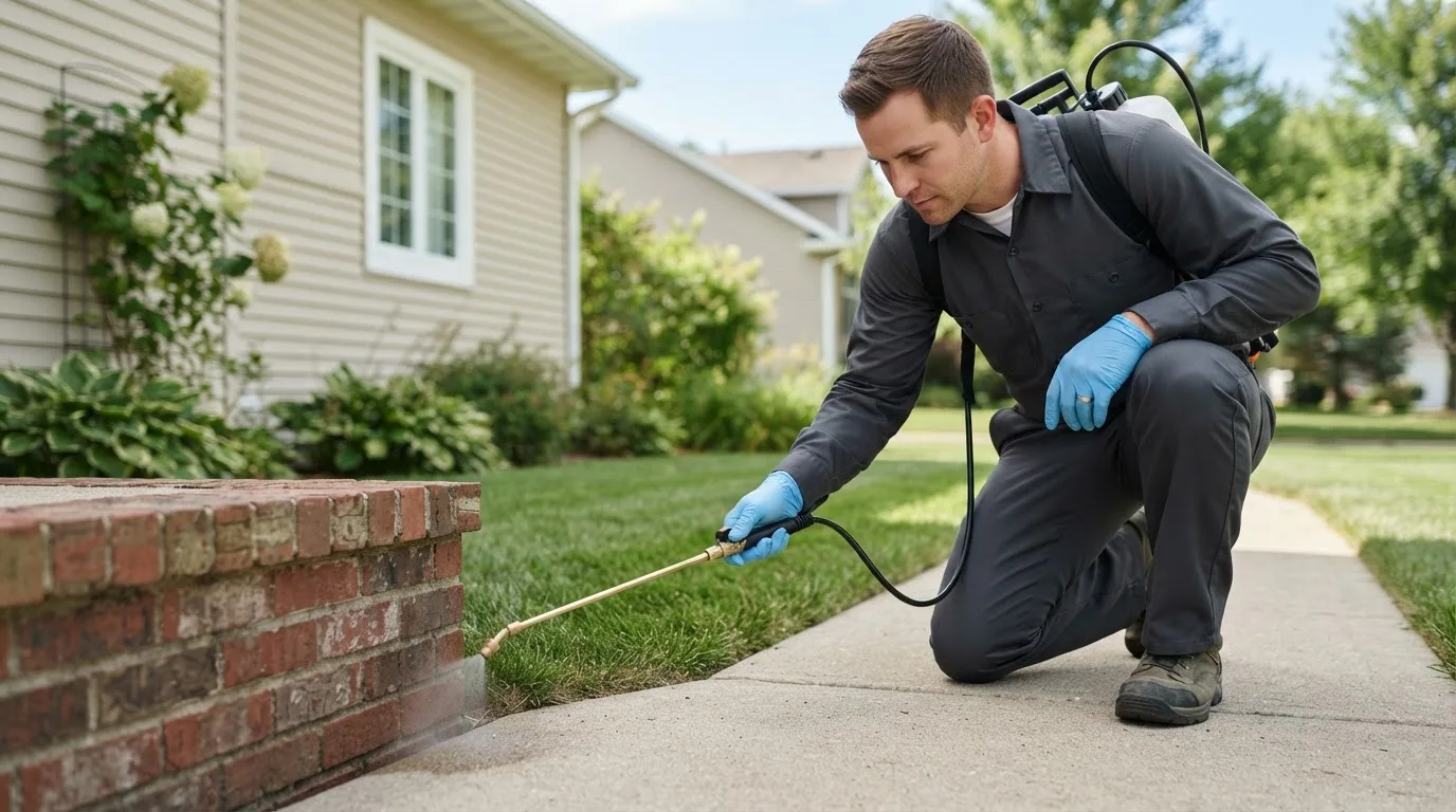 Pest control technician treating a home near Derwent, OH