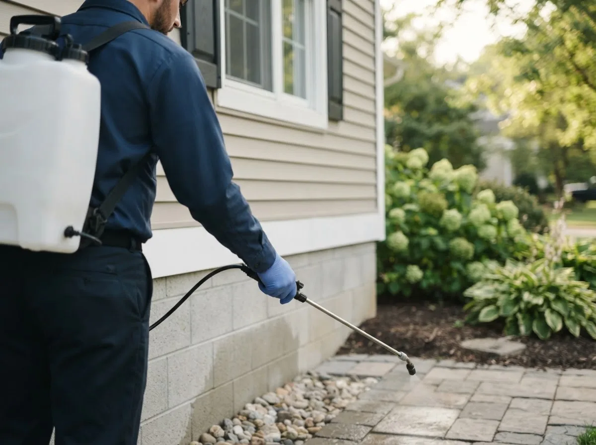 Pest control technician inspecting a home in Derwent, OH
